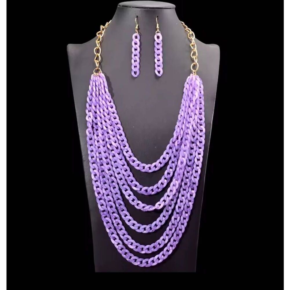 Vintage Multilayer Acrylic Demi-parure Necklace & Earring set Amethyst Lavender